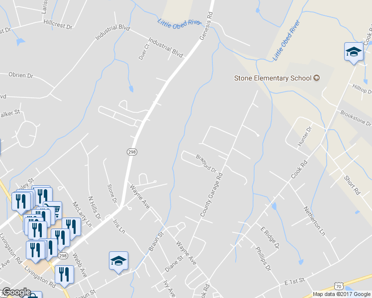 map of restaurants, bars, coffee shops, grocery stores, and more near 216 Bradford Drive in Crossville