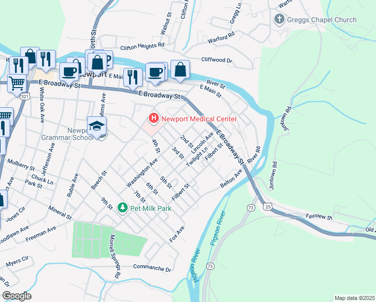 map of restaurants, bars, coffee shops, grocery stores, and more near 207 Lincoln Avenue in Newport