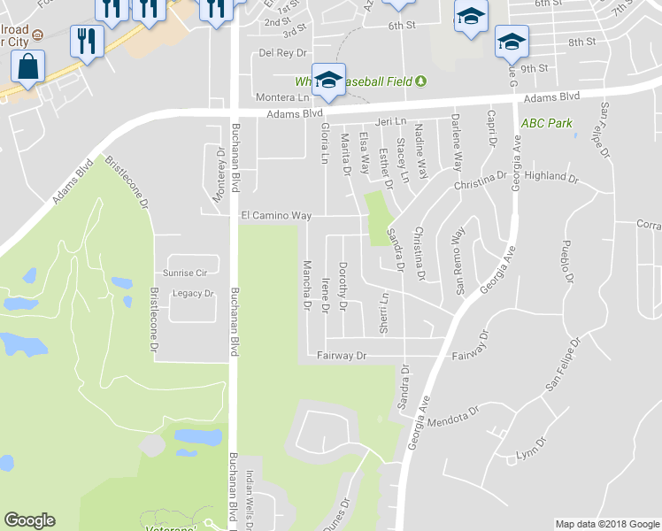 map of restaurants, bars, coffee shops, grocery stores, and more near 1513 Irene Drive in Boulder City