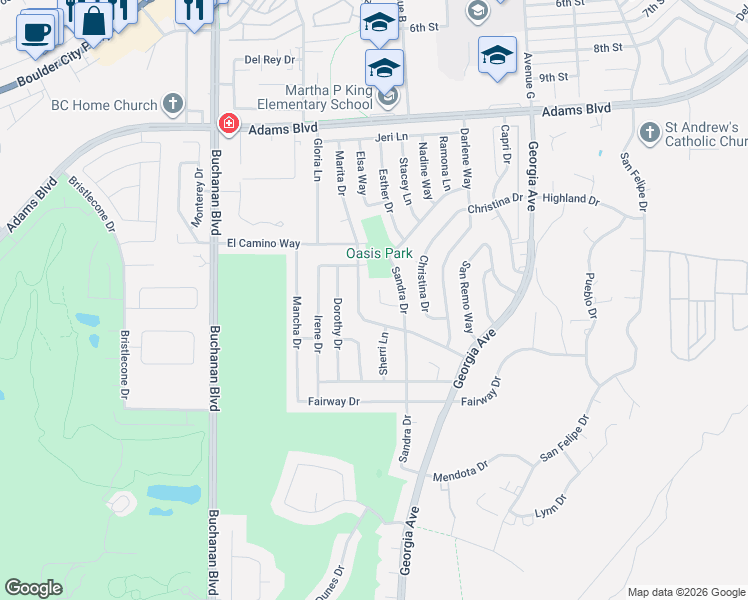 map of restaurants, bars, coffee shops, grocery stores, and more near 1516 Della Court in Boulder City