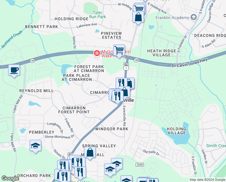 map of restaurants, bars, coffee shops, grocery stores, and more near 1206 Ventura Springs Court in Wake Forest
