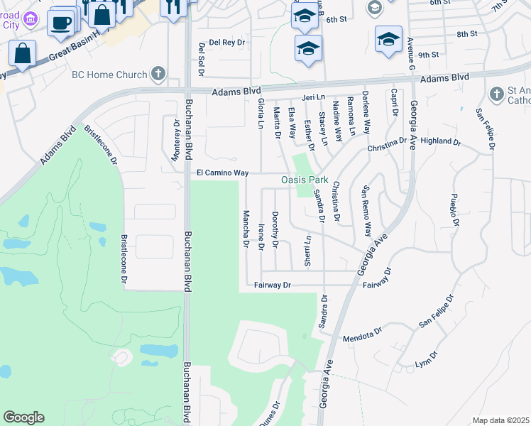map of restaurants, bars, coffee shops, grocery stores, and more near 1513 Irene Drive in Boulder City