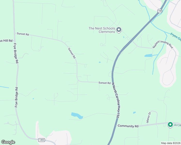 map of restaurants, bars, coffee shops, grocery stores, and more near 360 Sunset Road in Clemmons