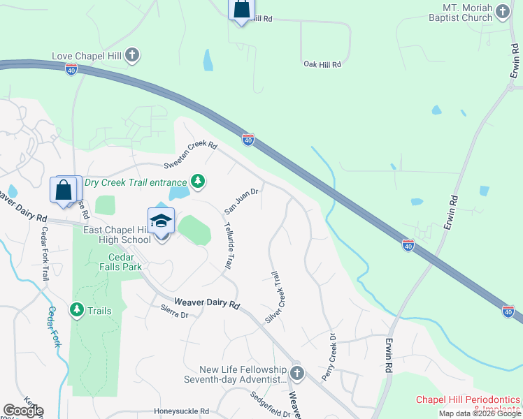 map of restaurants, bars, coffee shops, grocery stores, and more near 207 Alta Court in Chapel Hill
