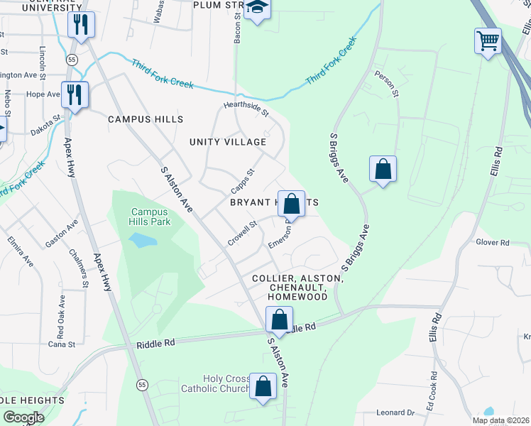 map of restaurants, bars, coffee shops, grocery stores, and more near 1901 Crowell Street in Durham