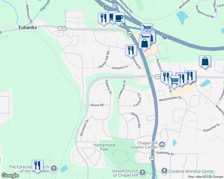map of restaurants, bars, coffee shops, grocery stores, and more near 301 Palafox Dr in Chapel Hill