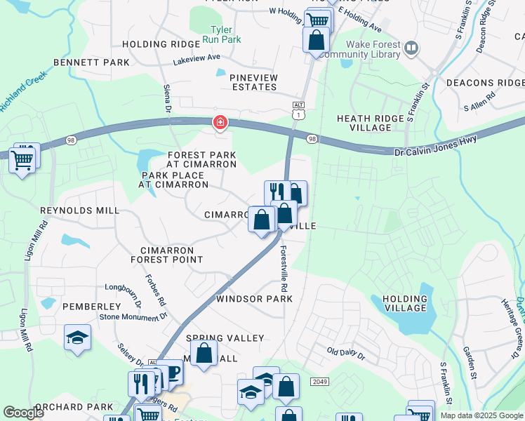 map of restaurants, bars, coffee shops, grocery stores, and more near 1202 Ventura Springs Court in Wake Forest