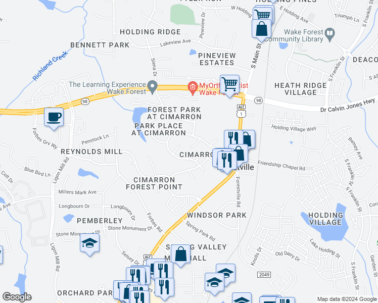 map of restaurants, bars, coffee shops, grocery stores, and more near 1241 Beringer Forest Court in Wake Forest