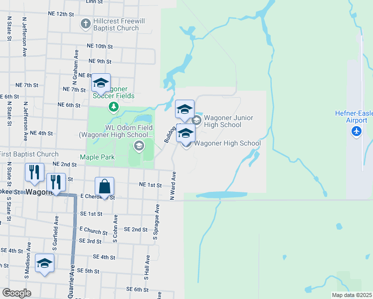 map of restaurants, bars, coffee shops, grocery stores, and more near 300 Bulldog Circle in Wagoner