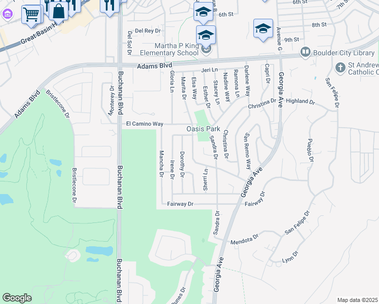 map of restaurants, bars, coffee shops, grocery stores, and more near 1510 Marita Drive in Boulder City