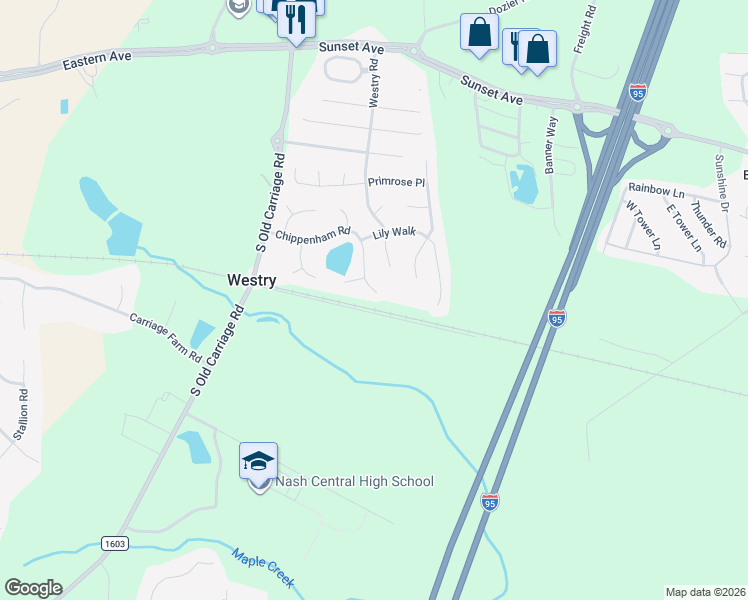map of restaurants, bars, coffee shops, grocery stores, and more near 4567 Chippenham Road in Rocky Mount