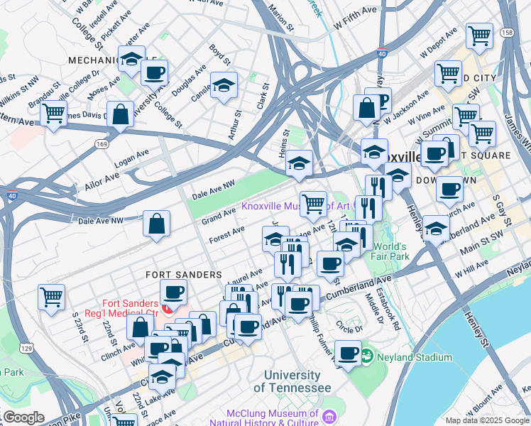 map of restaurants, bars, coffee shops, grocery stores, and more near 1516 Forest Avenue in Knoxville