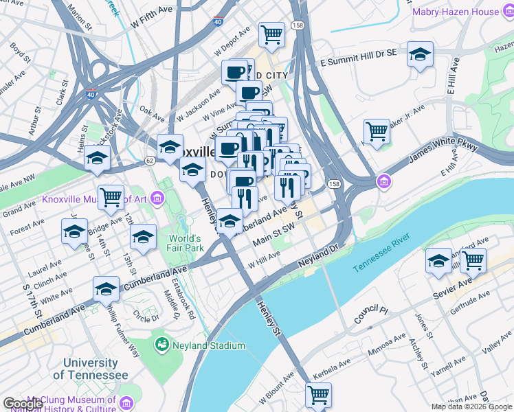 map of restaurants, bars, coffee shops, grocery stores, and more near 706 Walnut Street in Knoxville