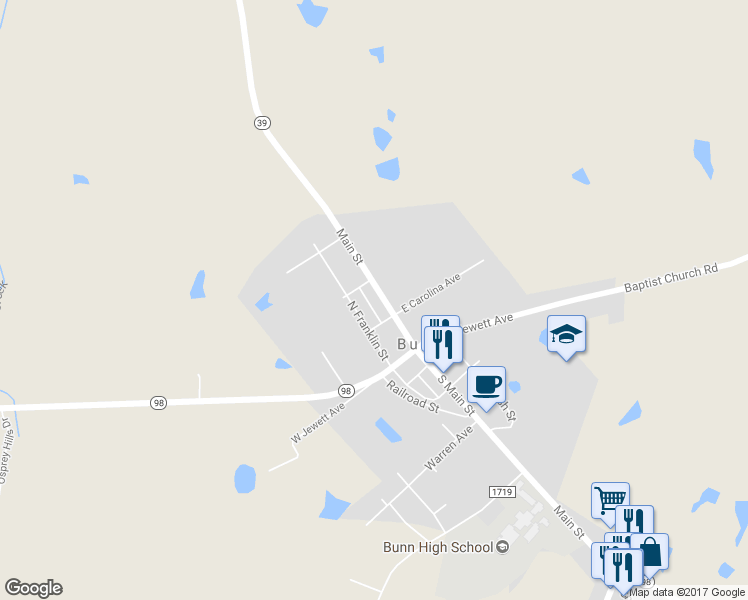 map of restaurants, bars, coffee shops, grocery stores, and more near 220 Main Street in Bunn