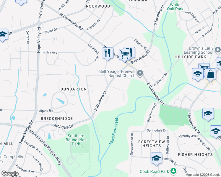 map of restaurants, bars, coffee shops, grocery stores, and more near 102 Barnhill Street in Durham