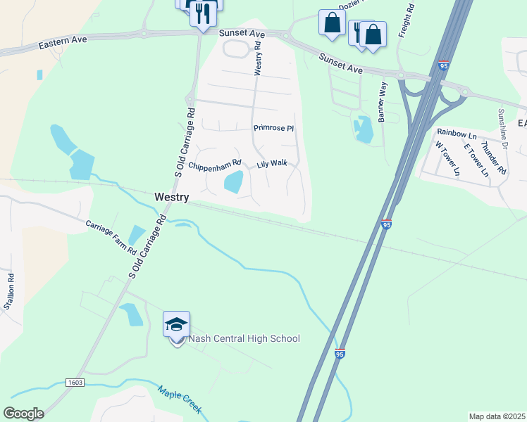 map of restaurants, bars, coffee shops, grocery stores, and more near 4549 Chippenham Road in Rocky Mount