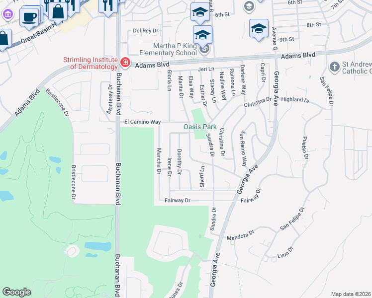 map of restaurants, bars, coffee shops, grocery stores, and more near 1510 Marita Drive in Boulder City