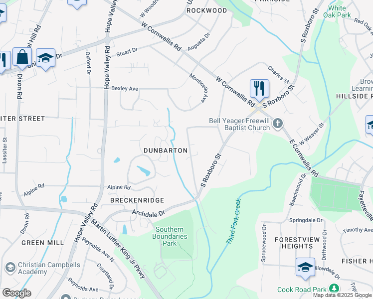 map of restaurants, bars, coffee shops, grocery stores, and more near 2222 Oak Ridge Boulevard in Durham