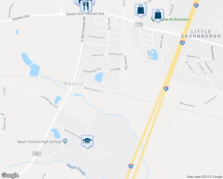 map of restaurants, bars, coffee shops, grocery stores, and more near 4549 Chippenham Road in Rocky Mount