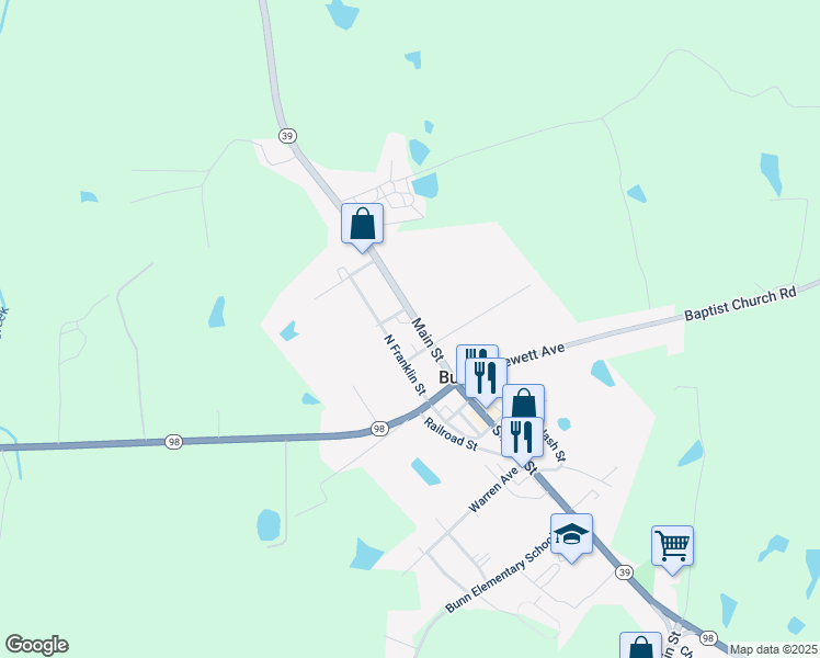 map of restaurants, bars, coffee shops, grocery stores, and more near 220 Main Street in Bunn