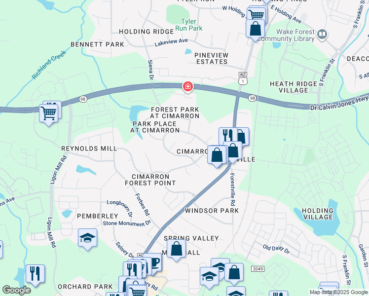 map of restaurants, bars, coffee shops, grocery stores, and more near 1241 Beringer Forest Court in Wake Forest