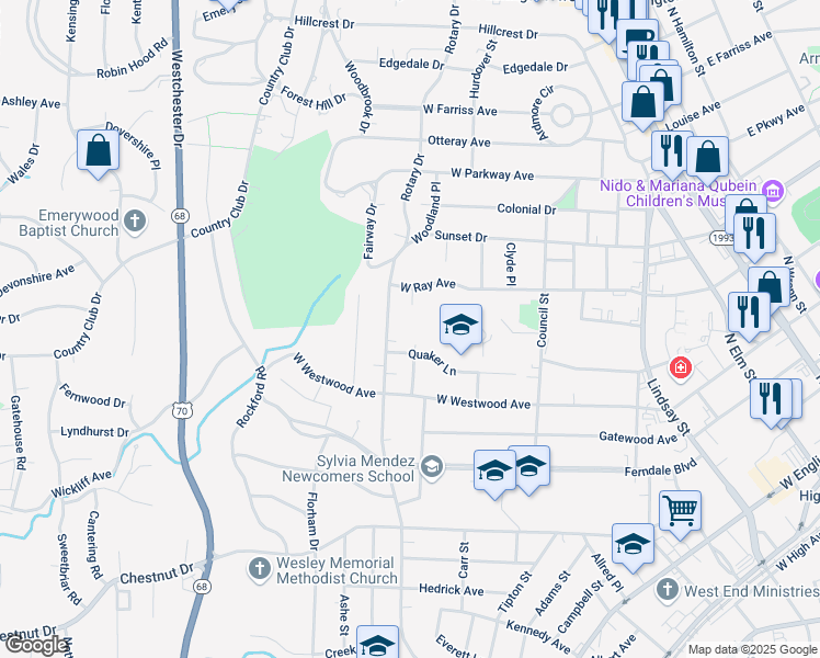 map of restaurants, bars, coffee shops, grocery stores, and more near 1106 Rotary Drive in High Point