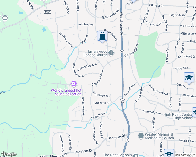 map of restaurants, bars, coffee shops, grocery stores, and more near 1602 Country Club Drive in High Point
