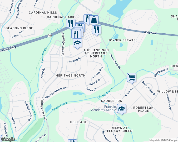 map of restaurants, bars, coffee shops, grocery stores, and more near 1332 Heritage Hills Way in Wake Forest