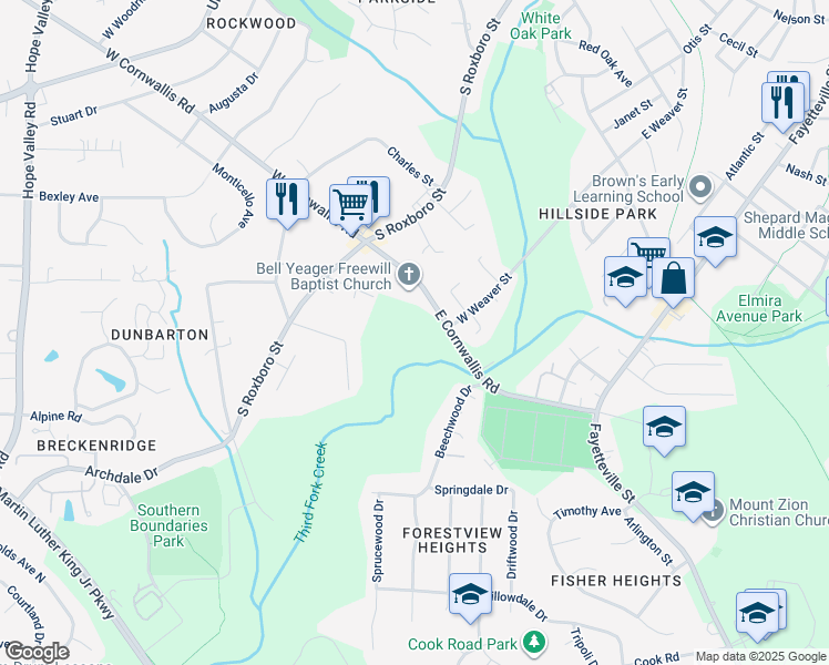 map of restaurants, bars, coffee shops, grocery stores, and more near 200 East Cornwallis Road in Durham