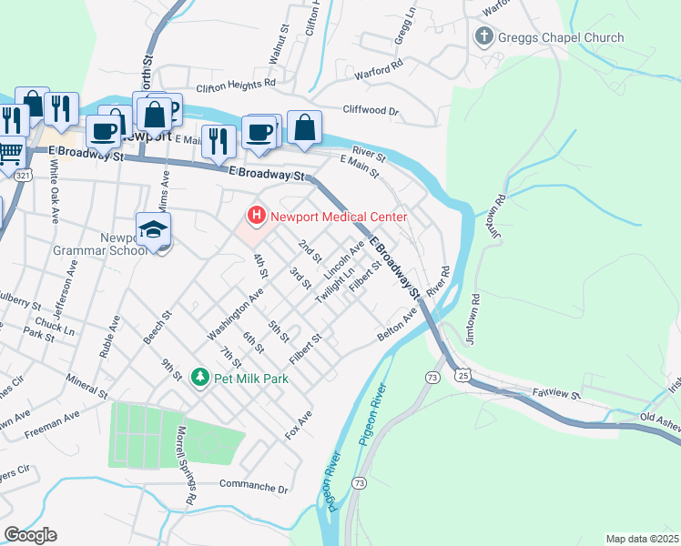 map of restaurants, bars, coffee shops, grocery stores, and more near 140 Lincoln Avenue in Newport
