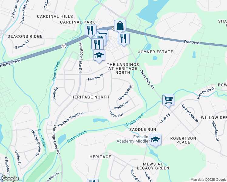 map of restaurants, bars, coffee shops, grocery stores, and more near 1332 Heritage Hills Way in Wake Forest