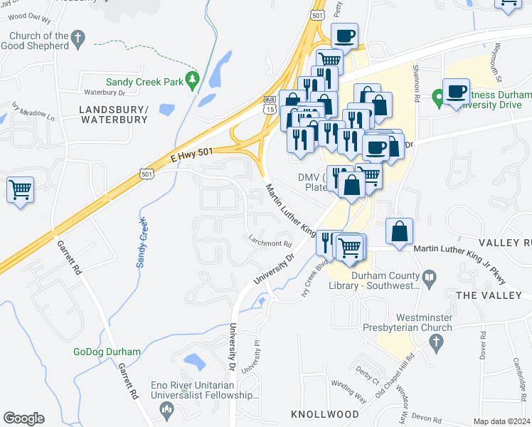 map of restaurants, bars, coffee shops, grocery stores, and more near 506 Gatehouse Lane in Durham