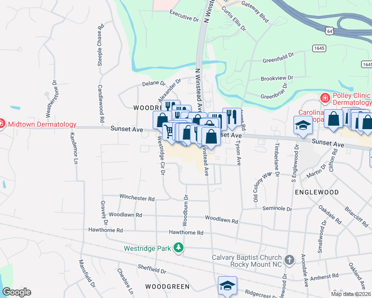map of restaurants, bars, coffee shops, grocery stores, and more near 3641 Sunset Avenue in Rocky Mount
