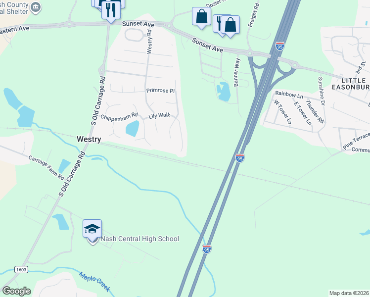 map of restaurants, bars, coffee shops, grocery stores, and more near 4552 Lily Walk in Rocky Mount