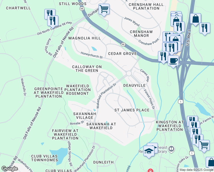 map of restaurants, bars, coffee shops, grocery stores, and more near 12202 Orchardgrass Lane in Raleigh