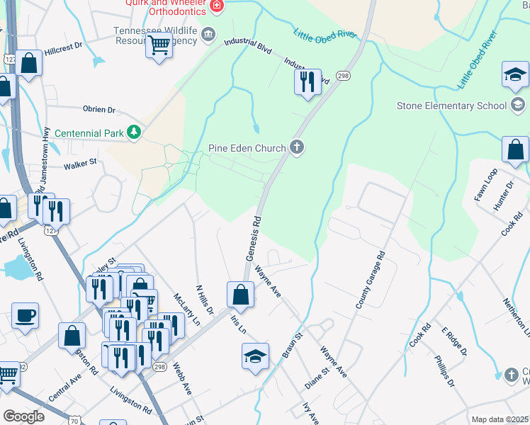 map of restaurants, bars, coffee shops, grocery stores, and more near 746 Genesis Road in Crossville
