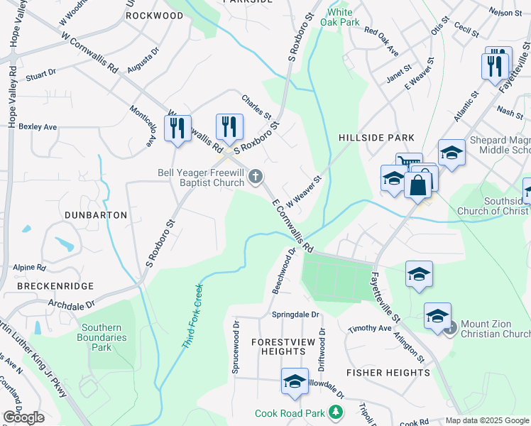 map of restaurants, bars, coffee shops, grocery stores, and more near 200 East Cornwallis Road in Durham