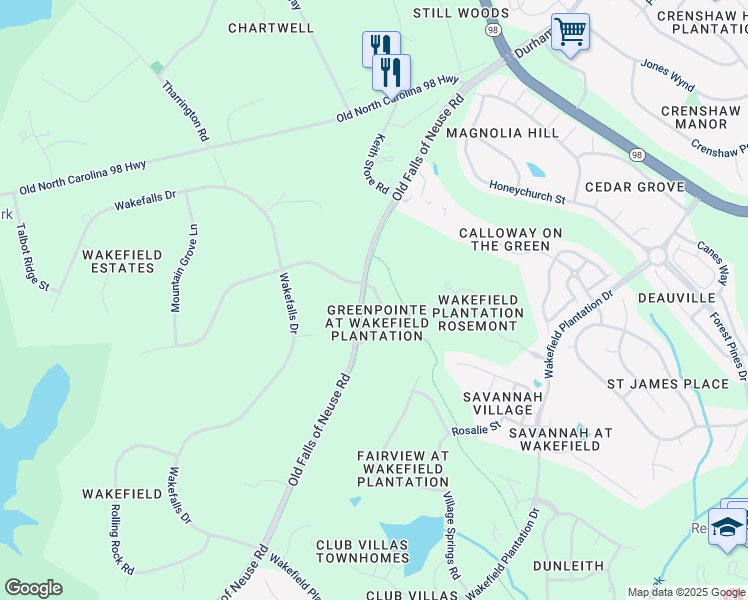 map of restaurants, bars, coffee shops, grocery stores, and more near 12825 Tee Time Way in Raleigh