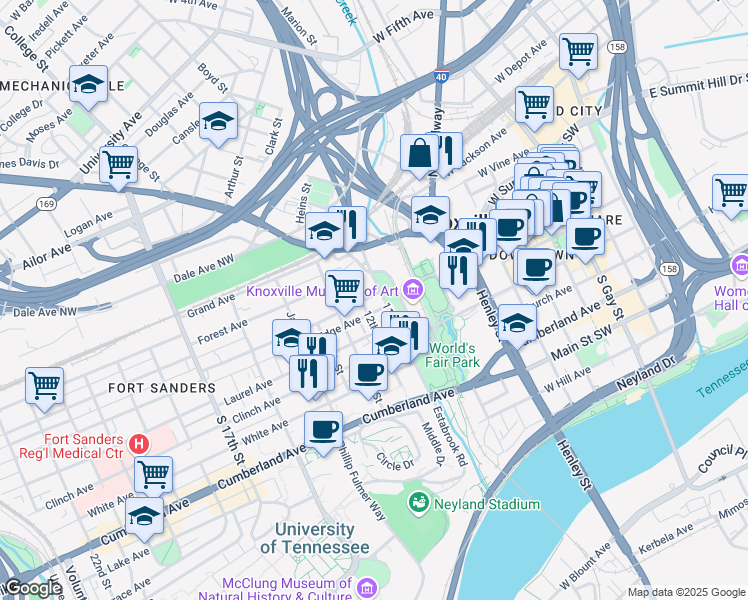 map of restaurants, bars, coffee shops, grocery stores, and more near 1105 Bridge Avenue Southwest in Knoxville