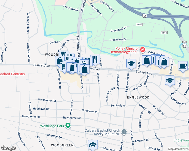map of restaurants, bars, coffee shops, grocery stores, and more near Brookdale Road in Rocky Mount