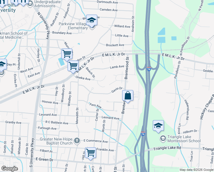 map of restaurants, bars, coffee shops, grocery stores, and more near 209 Seashire Court in High Point