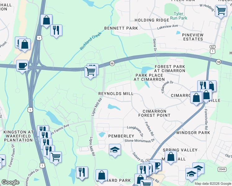 map of restaurants, bars, coffee shops, grocery stores, and more near 313 Headrace Mill Street in Wake Forest