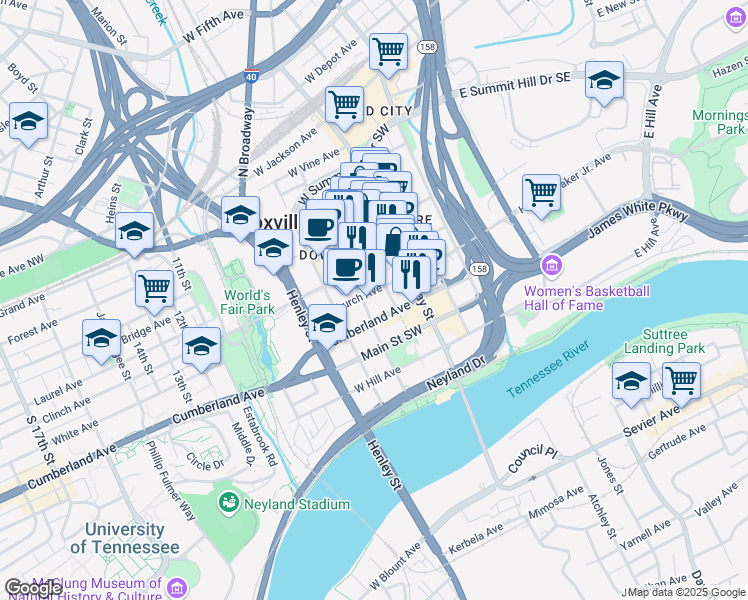 map of restaurants, bars, coffee shops, grocery stores, and more near 414 West Church Avenue in Knoxville