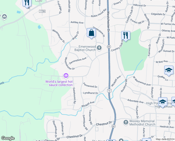 map of restaurants, bars, coffee shops, grocery stores, and more near 1602 Country Club Drive in High Point