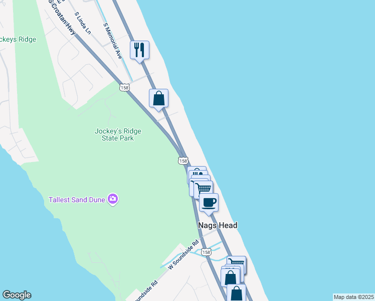 map of restaurants, bars, coffee shops, grocery stores, and more near 3811 South Virginia Dare Trail in Nags Head