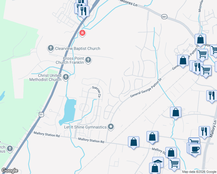 map of restaurants, bars, coffee shops, grocery stores, and more near 1821 Brentwood Point in Franklin
