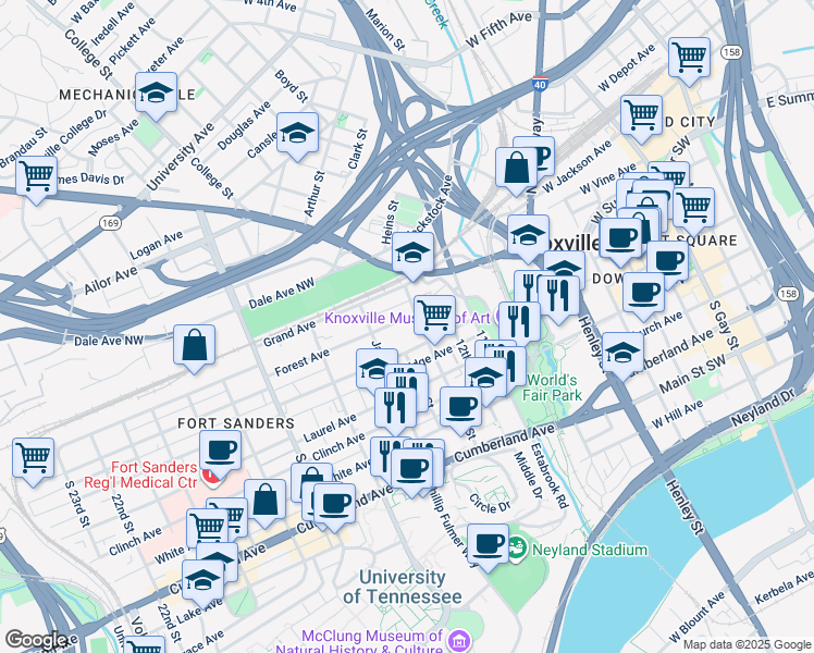 map of restaurants, bars, coffee shops, grocery stores, and more near 1316 Forest Avenue in Knoxville