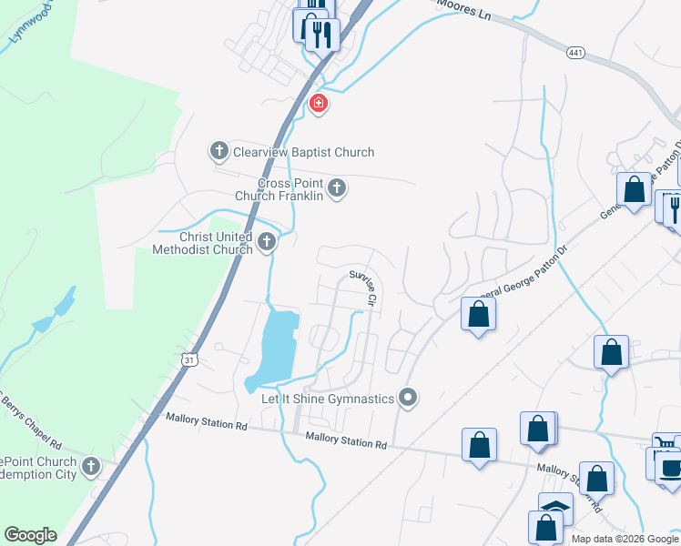 map of restaurants, bars, coffee shops, grocery stores, and more near 7070 Sunrise Circle in Franklin