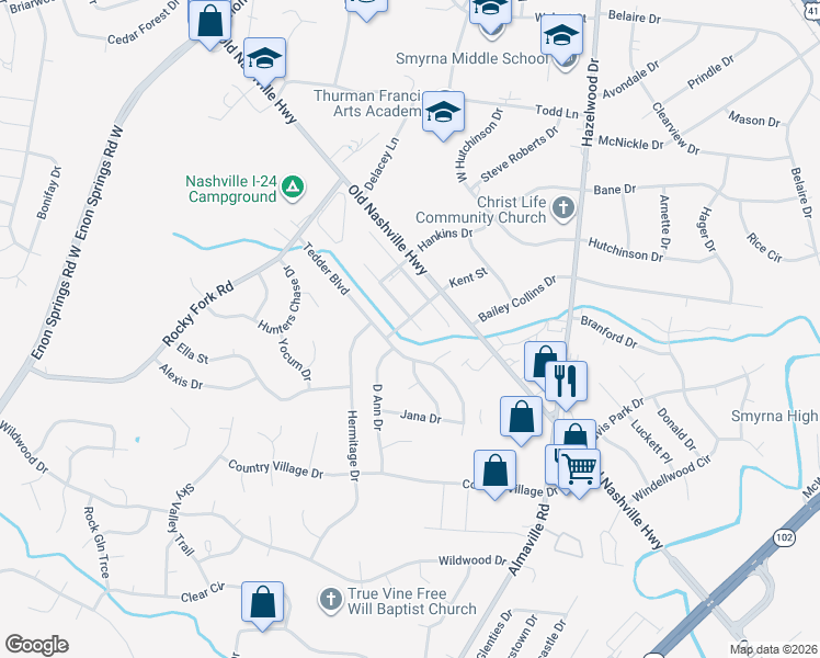 map of restaurants, bars, coffee shops, grocery stores, and more near 400 Acorn Court in Smyrna
