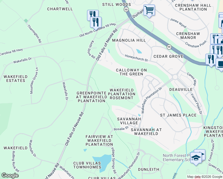 map of restaurants, bars, coffee shops, grocery stores, and more near 2333 Victoria Park Lane in Raleigh